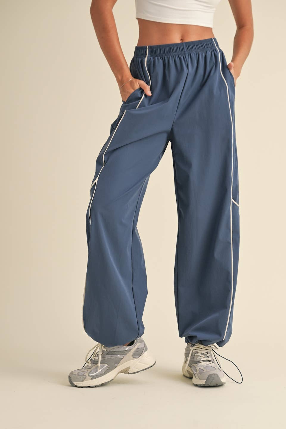 Ash Blue Nylon Track Pants with Contrast Piping