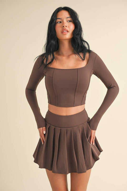 Long Sleeve Square Neck Corset Top in Chocolate