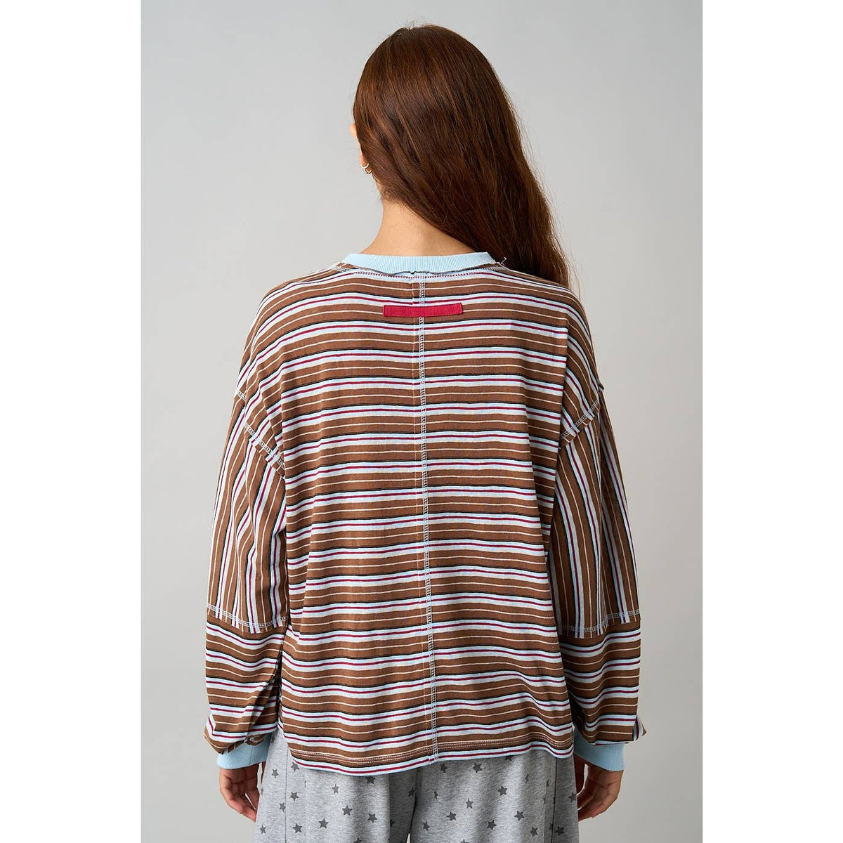 MULTICOLOR STRIPED LONG SLEEVE TOP: BROWN / S-M-L(2-2-2)