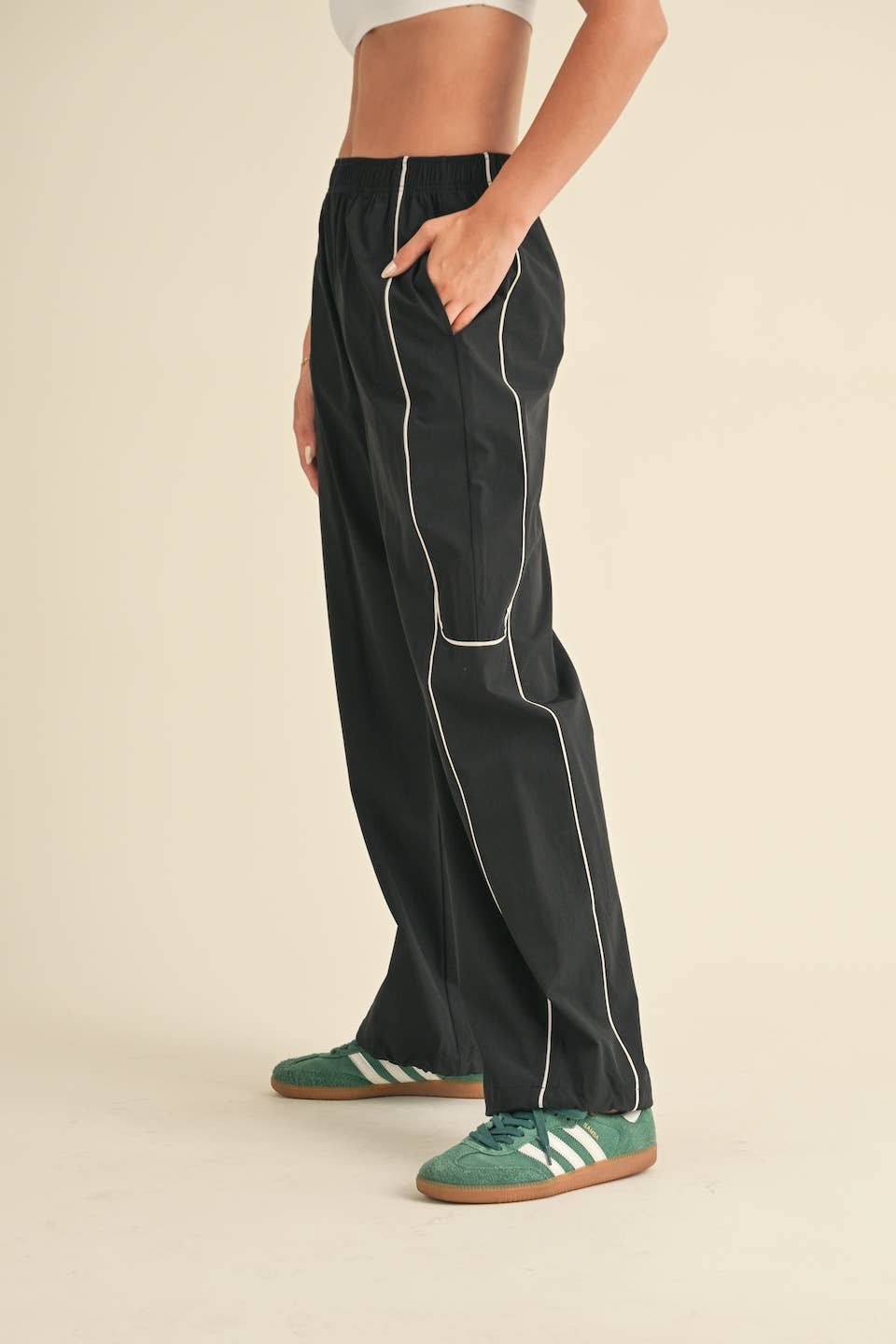 Hunter Green Nylon Track Pants with Contrast Piping