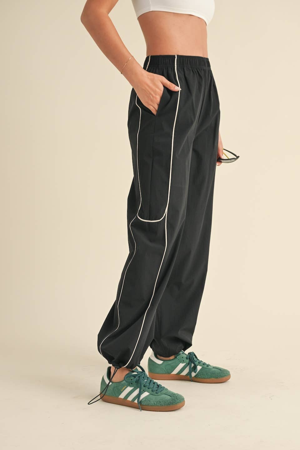 Hunter Green Nylon Track Pants with Contrast Piping