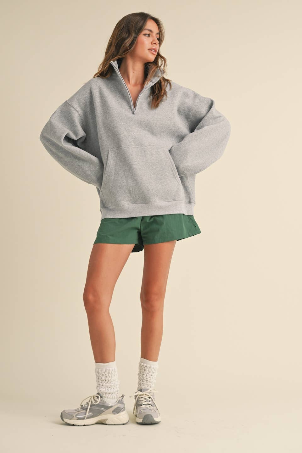 Heathered Gray Cozy Fleece Oversized Pullover Half Zip