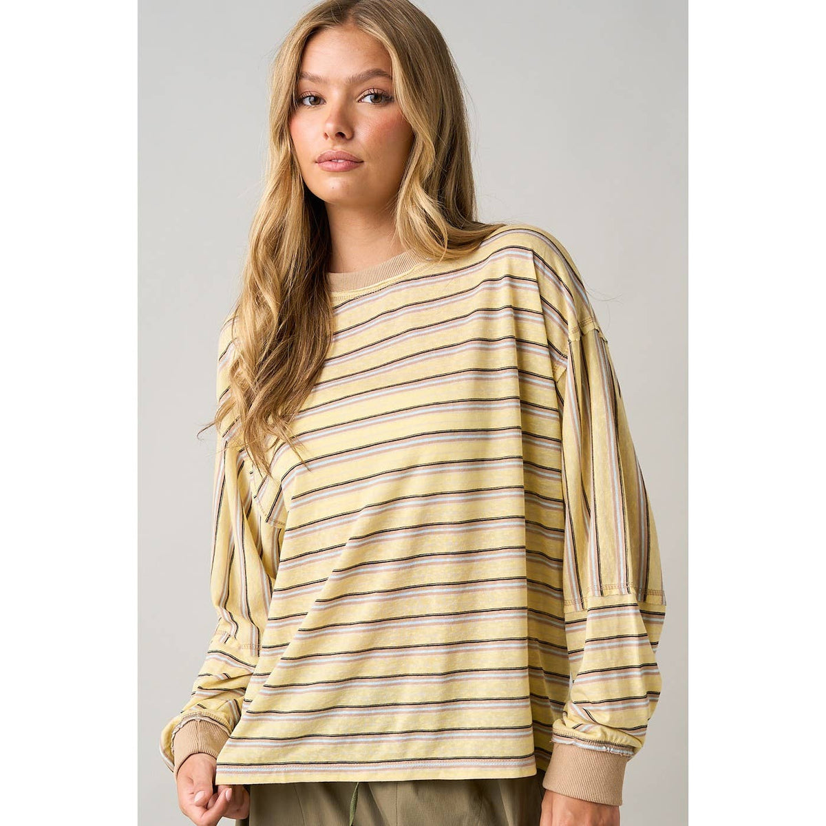 MULTICOLOR STRIPED LONG SLEEVE TOP: BROWN / S-M-L(2-2-2)