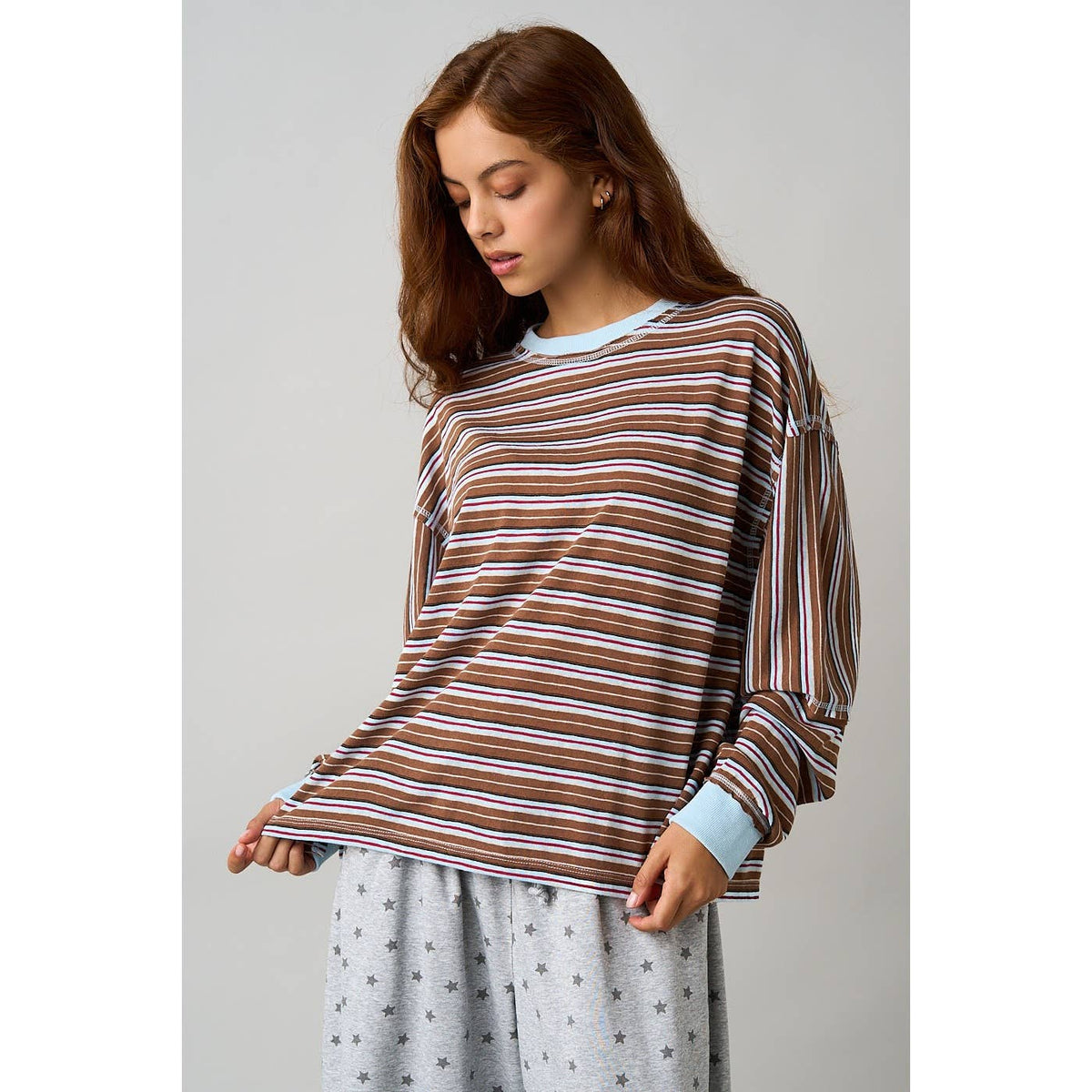 MULTICOLOR STRIPED LONG SLEEVE TOP: BROWN / S-M-L(2-2-2)