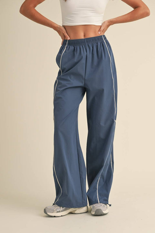 Ash Blue Nylon Track Pants with Contrast Piping