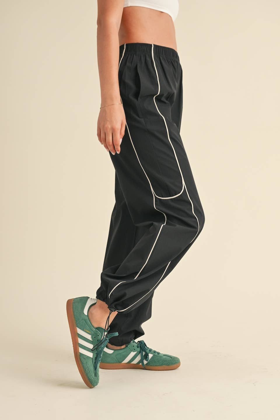 Hunter Green Nylon Track Pants with Contrast Piping