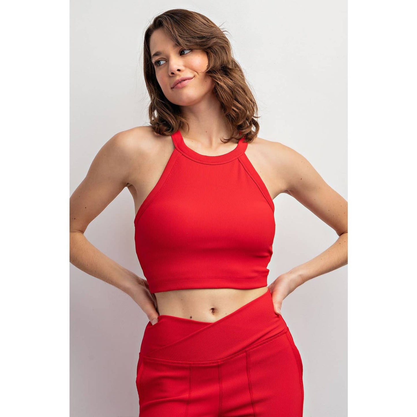 Nylon Rib Cropped Halter Tank- Red