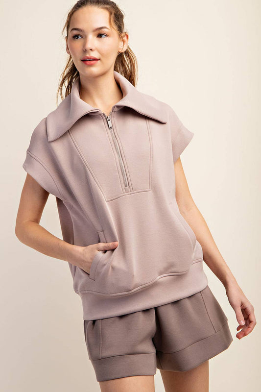 Modal Short Sleeve Quarter Zip- Light Mocha