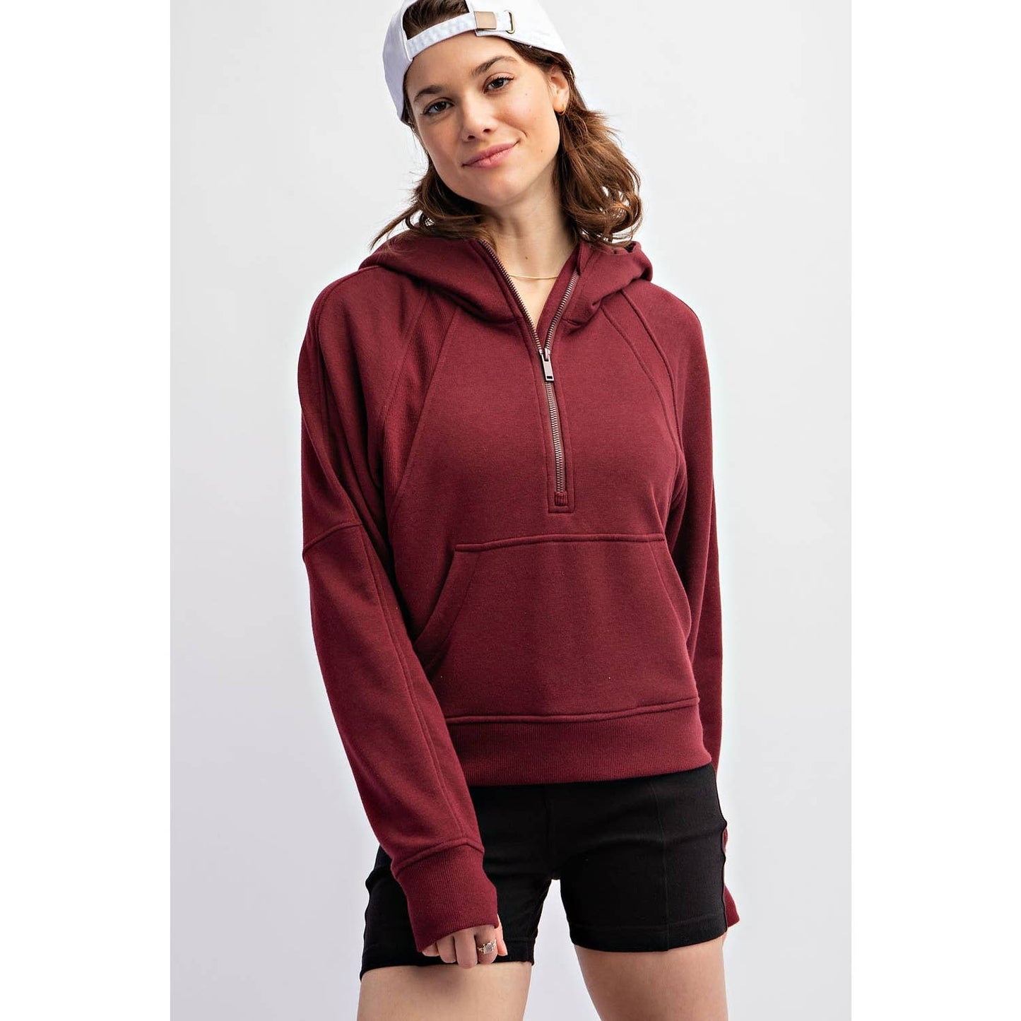 FRENCH TERRY CROPPED HOODIE JACKET: Burgundy