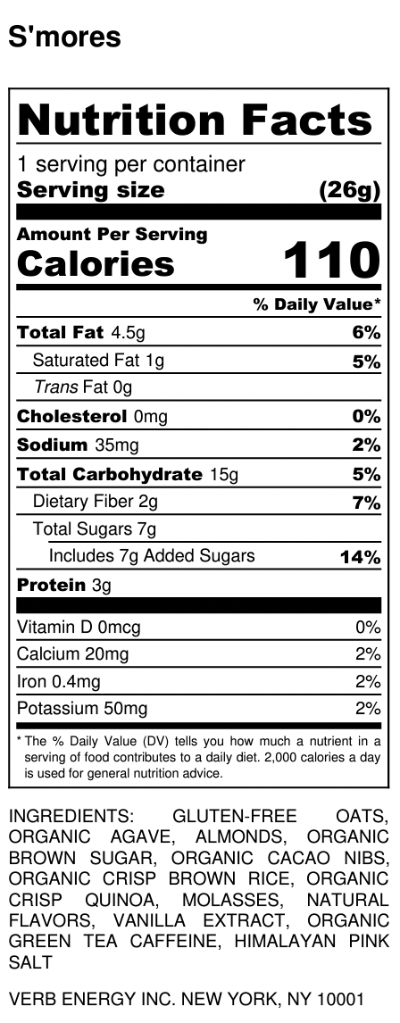 VERB- Caffeinated Snack Bar- S'mores