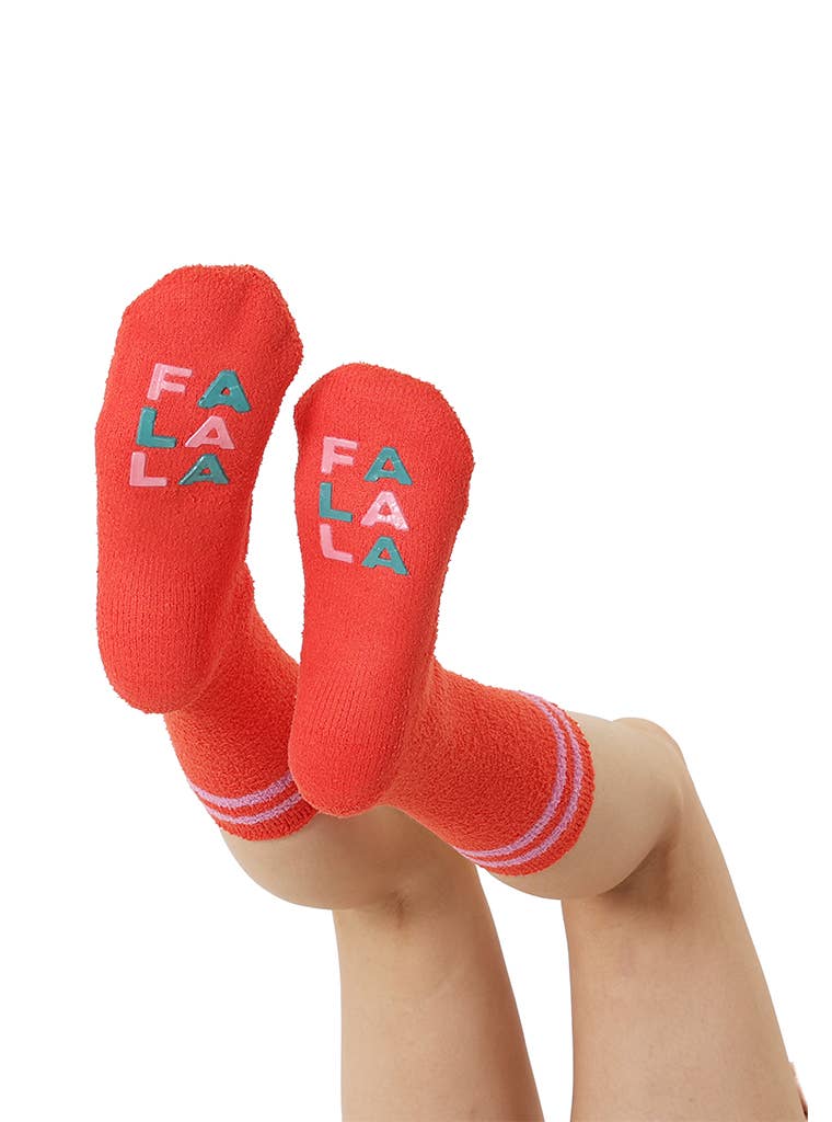 Fuzzy Crew Socks w/ Bottom Grip Phrase - "Fa La La" - Red