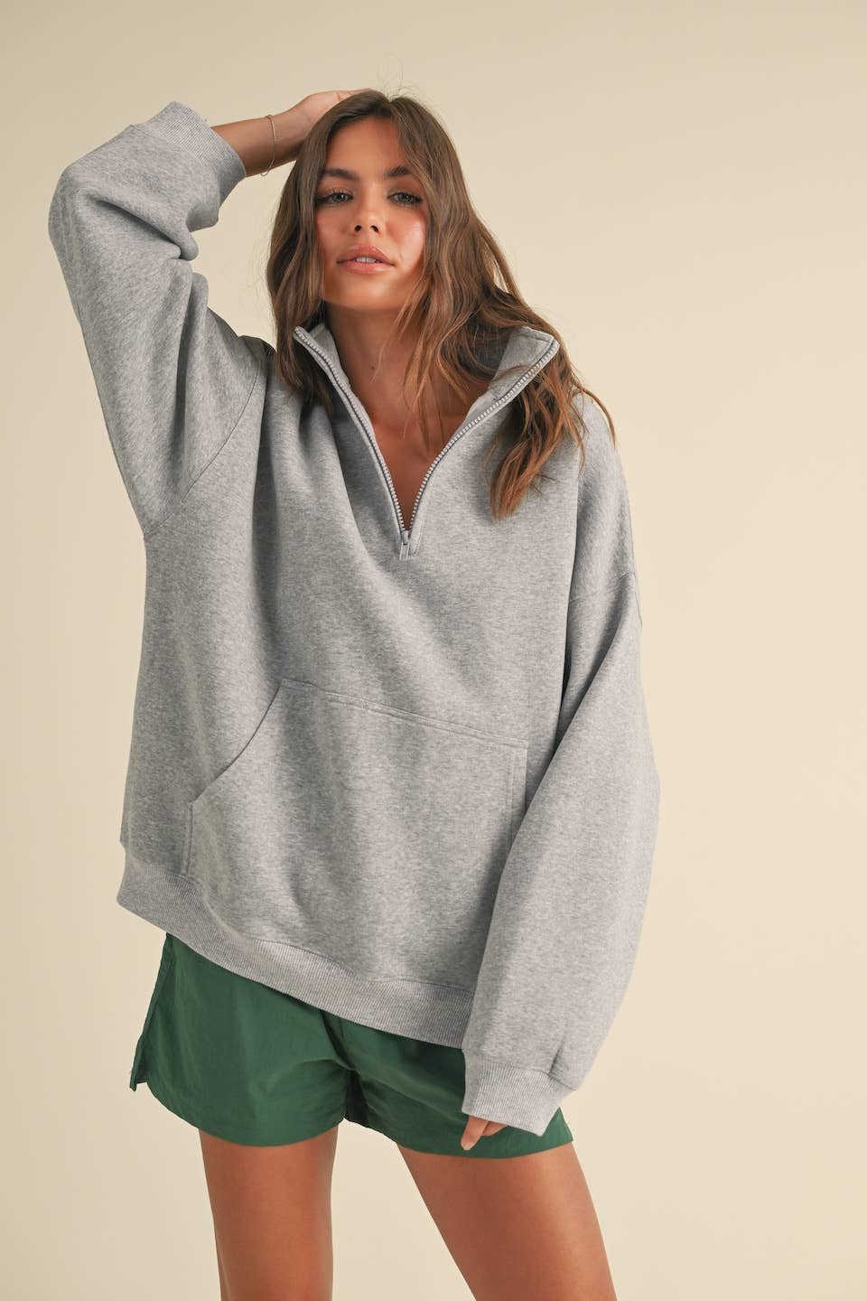 Heathered Gray Cozy Fleece Oversized Pullover Half Zip