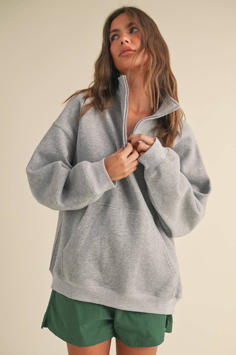 Heathered Gray Cozy Fleece Oversized Pullover Half Zip