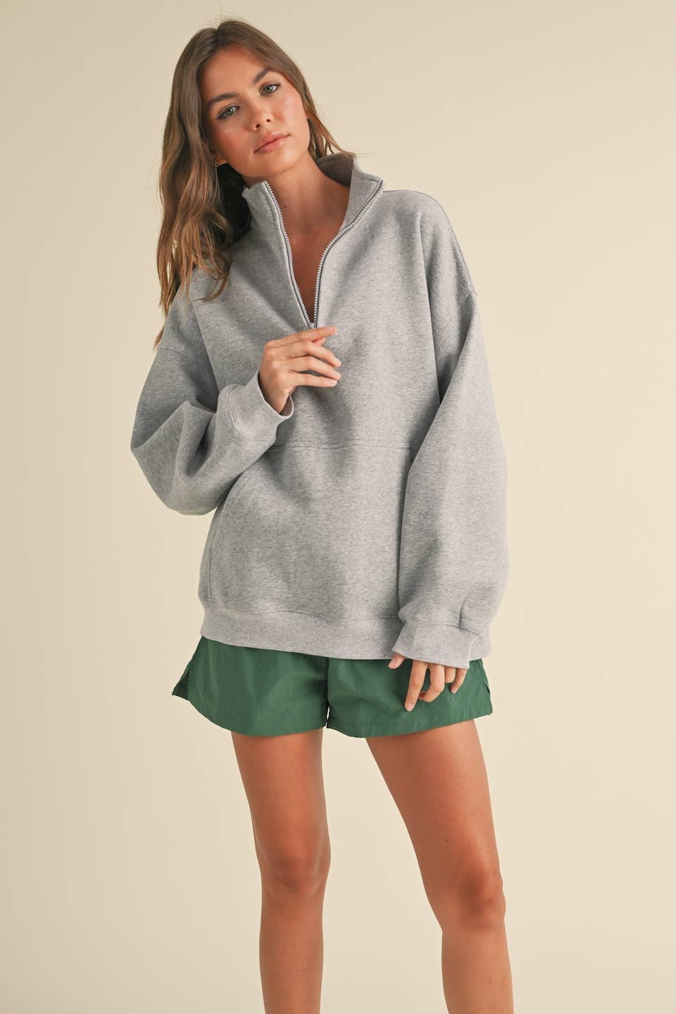 Heathered Gray Cozy Fleece Oversized Pullover Half Zip