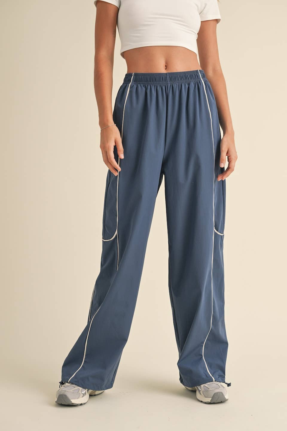 Ash Blue Nylon Track Pants with Contrast Piping