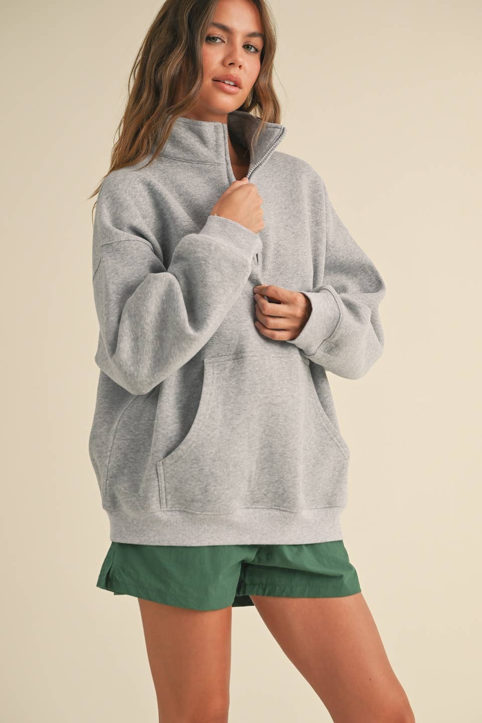 Heathered Gray Cozy Fleece Oversized Pullover Half Zip