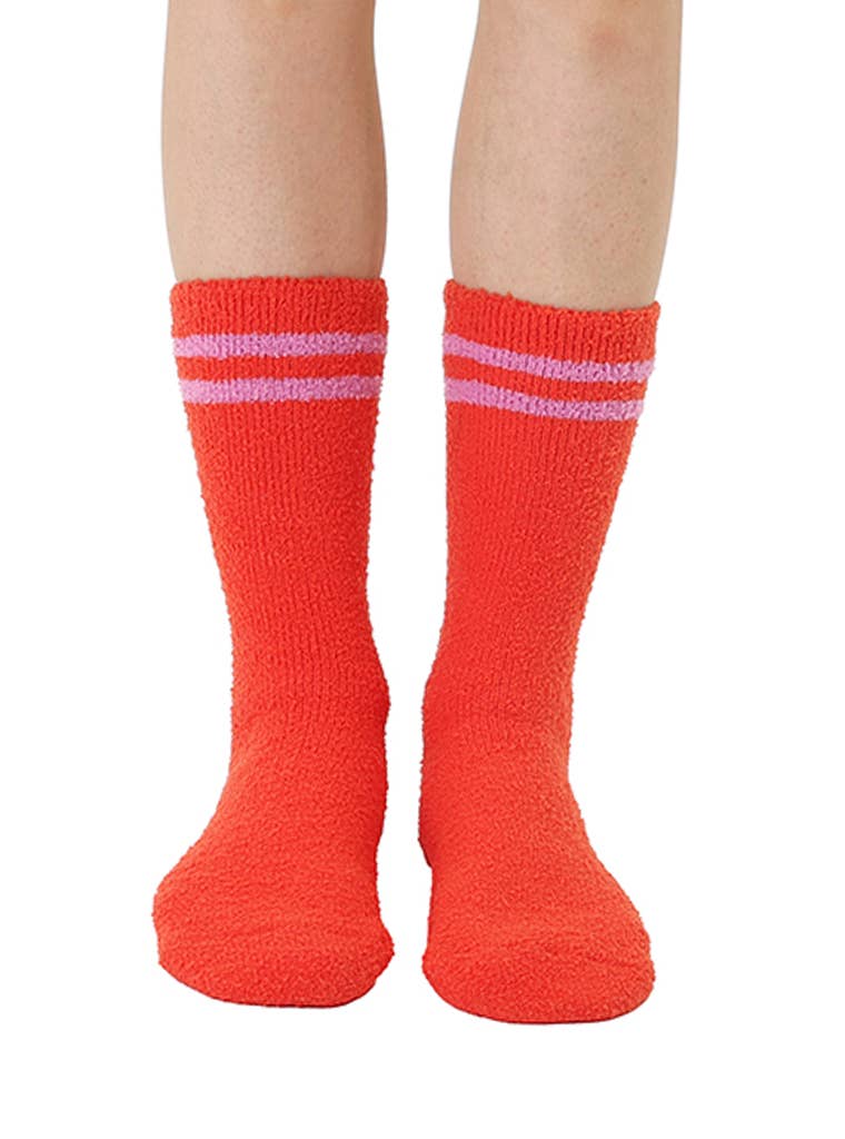 Fuzzy Crew Socks w/ Bottom Grip Phrase - "Fa La La" - Red