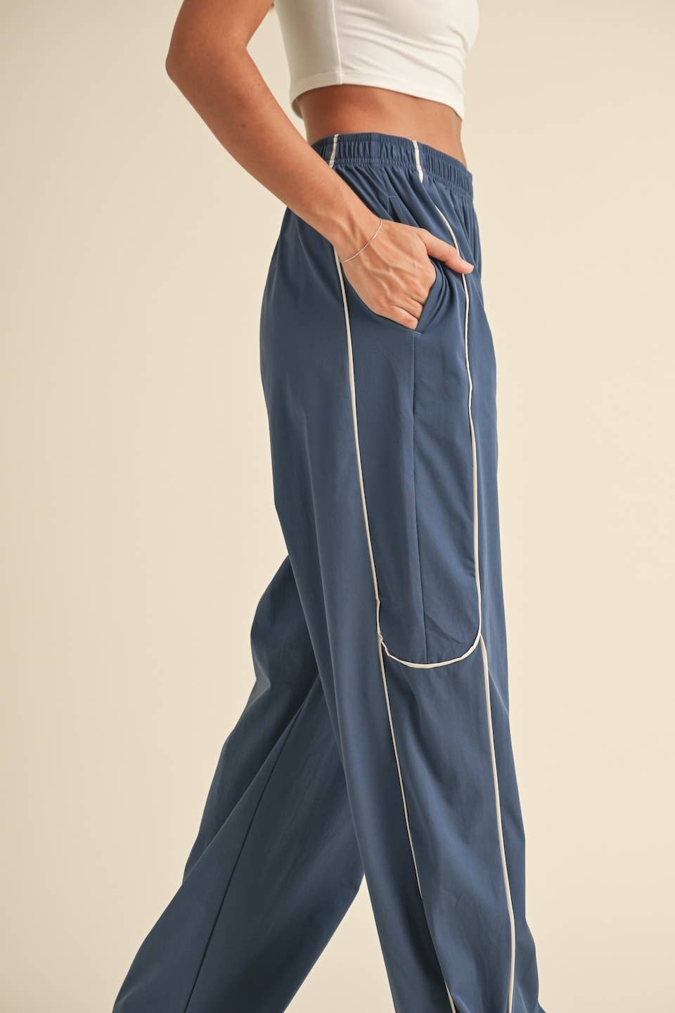 Ash Blue Nylon Track Pants with Contrast Piping