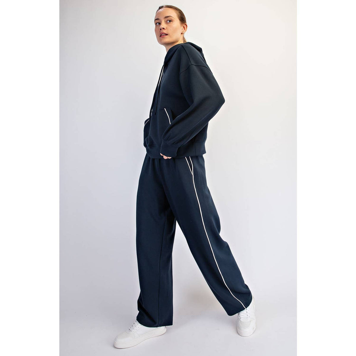 MODAL SCUBA LUXE PIPING BAGGY PANTS: Teal Navy/Mocha Cream / S-M-L(2-2-2)