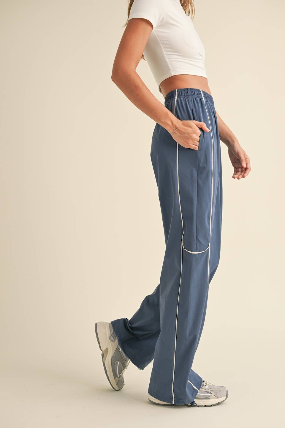 Ash Blue Nylon Track Pants with Contrast Piping