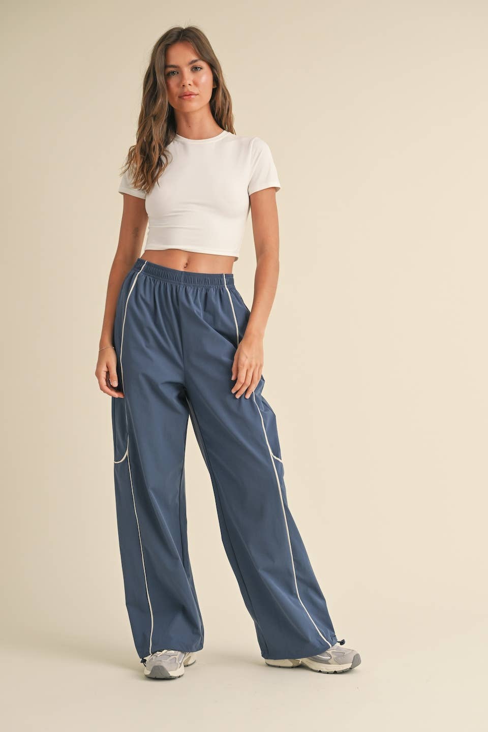 Ash Blue Nylon Track Pants with Contrast Piping