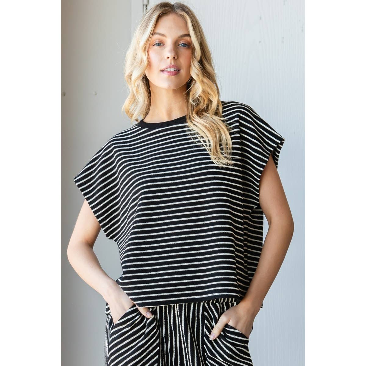 Stripe Texture Knit Drop Shoulder Top