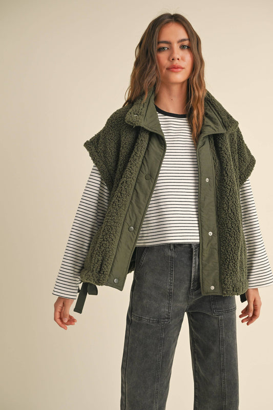 Olive Teddy Sherpa Oversized Vest