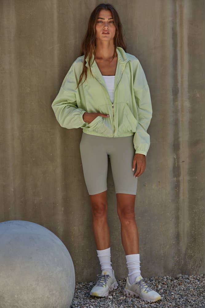 Cropped Nylon Zip Up Jacket- Lime Cream