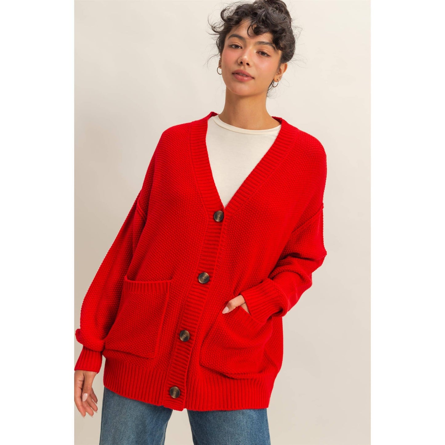 Loving Him is Red Button Front Cardi