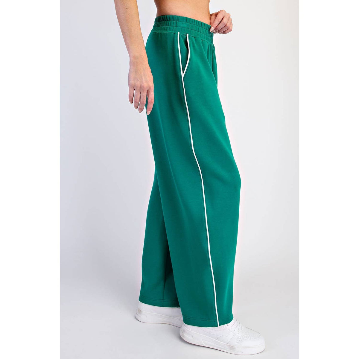 MODAL SCUBA LUXE PIPING BAGGY PANTS: Teal Navy/Mocha Cream / S-M-L(2-2-2)