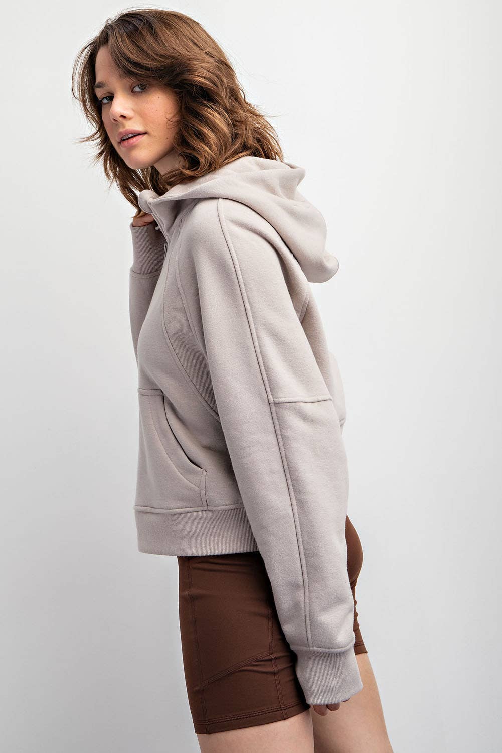 FRENCH TERRY CROPPED HOODIE JACKET: Burgundy