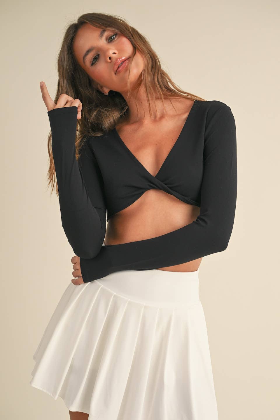 Black Twist Front Long Sleeve Crop Top