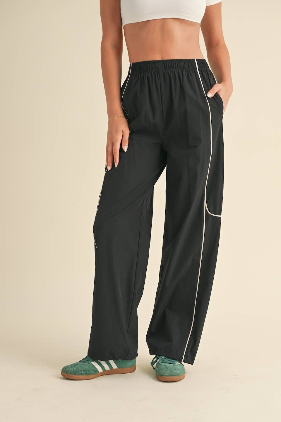 Hunter Green Nylon Track Pants with Contrast Piping