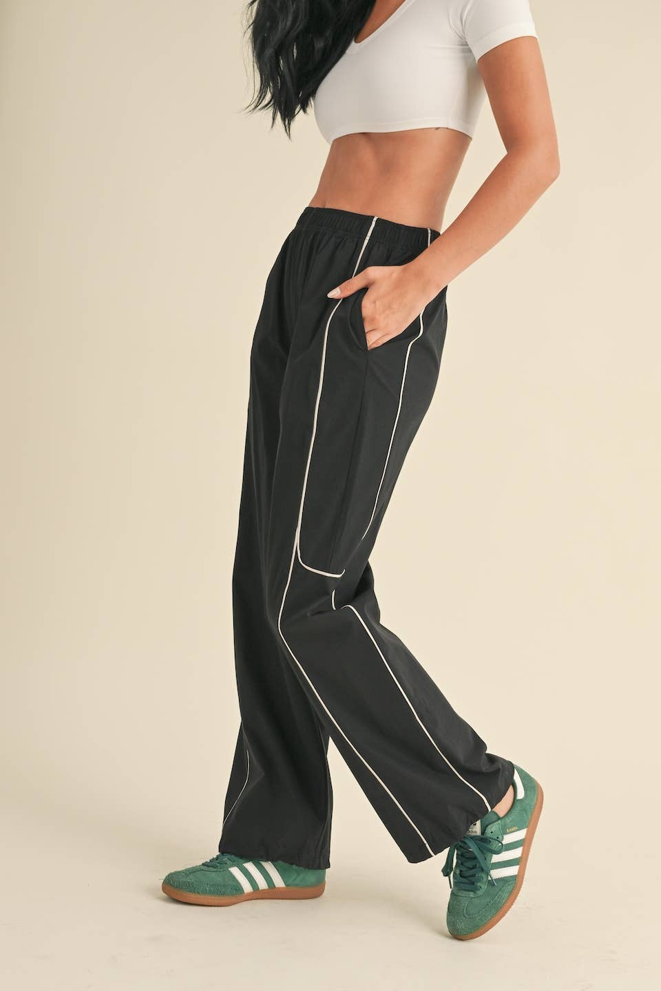 Hunter Green Nylon Track Pants with Contrast Piping