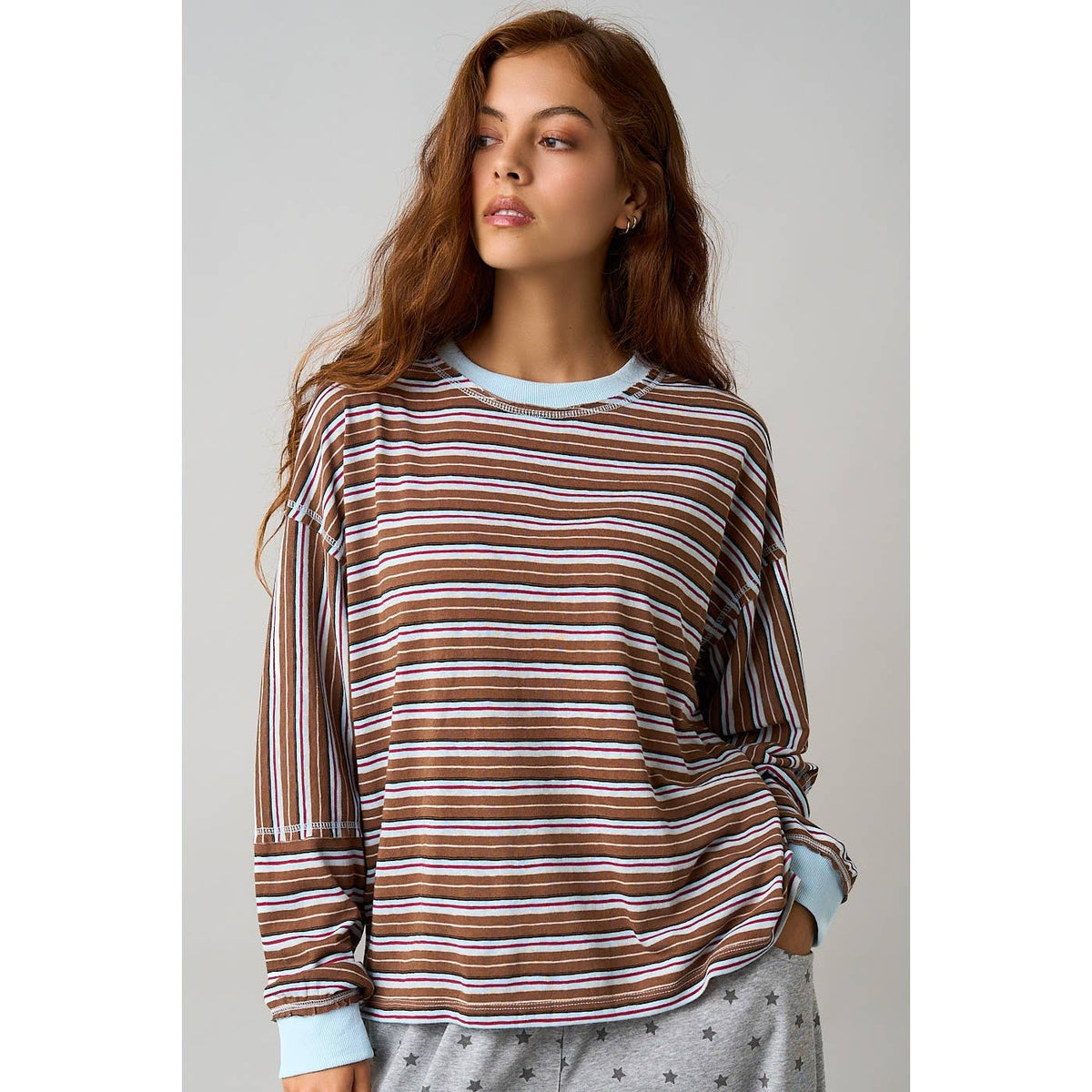 MULTICOLOR STRIPED LONG SLEEVE TOP: BROWN / S-M-L(2-2-2)