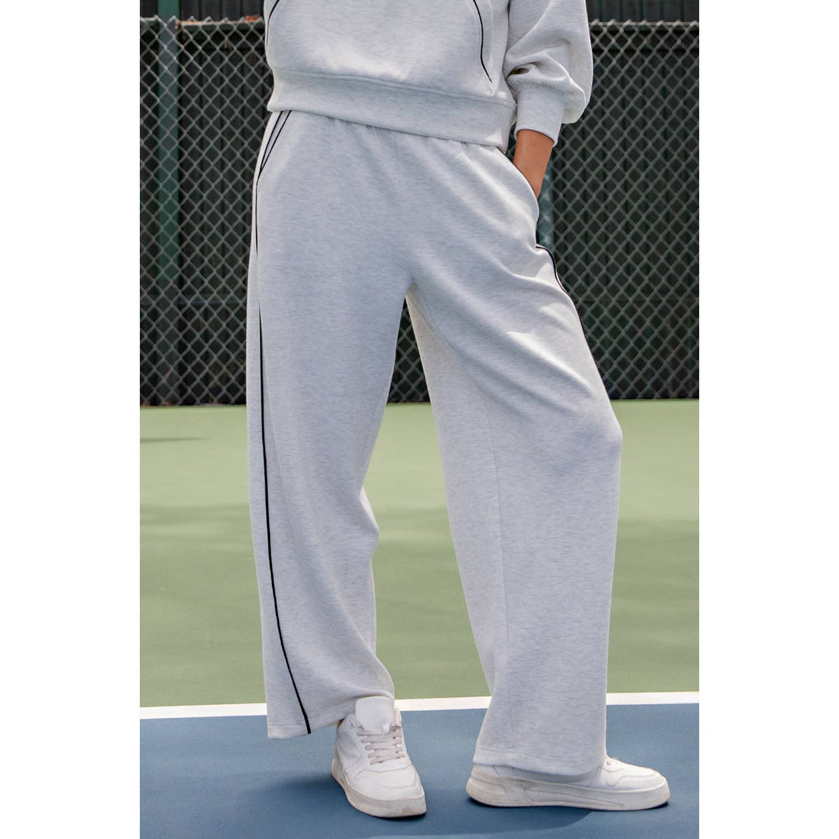 MODAL SCUBA LUXE PIPING BAGGY PANTS: Teal Navy/Mocha Cream / S-M-L(2-2-2)